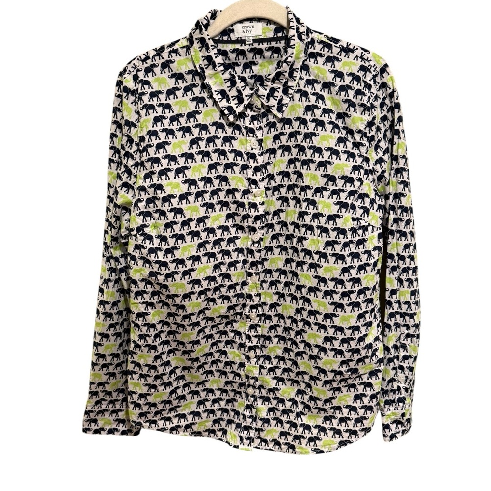 Crown & Ivy 100% Cotton Elephant Print Button Down Shirt - Size Medium
